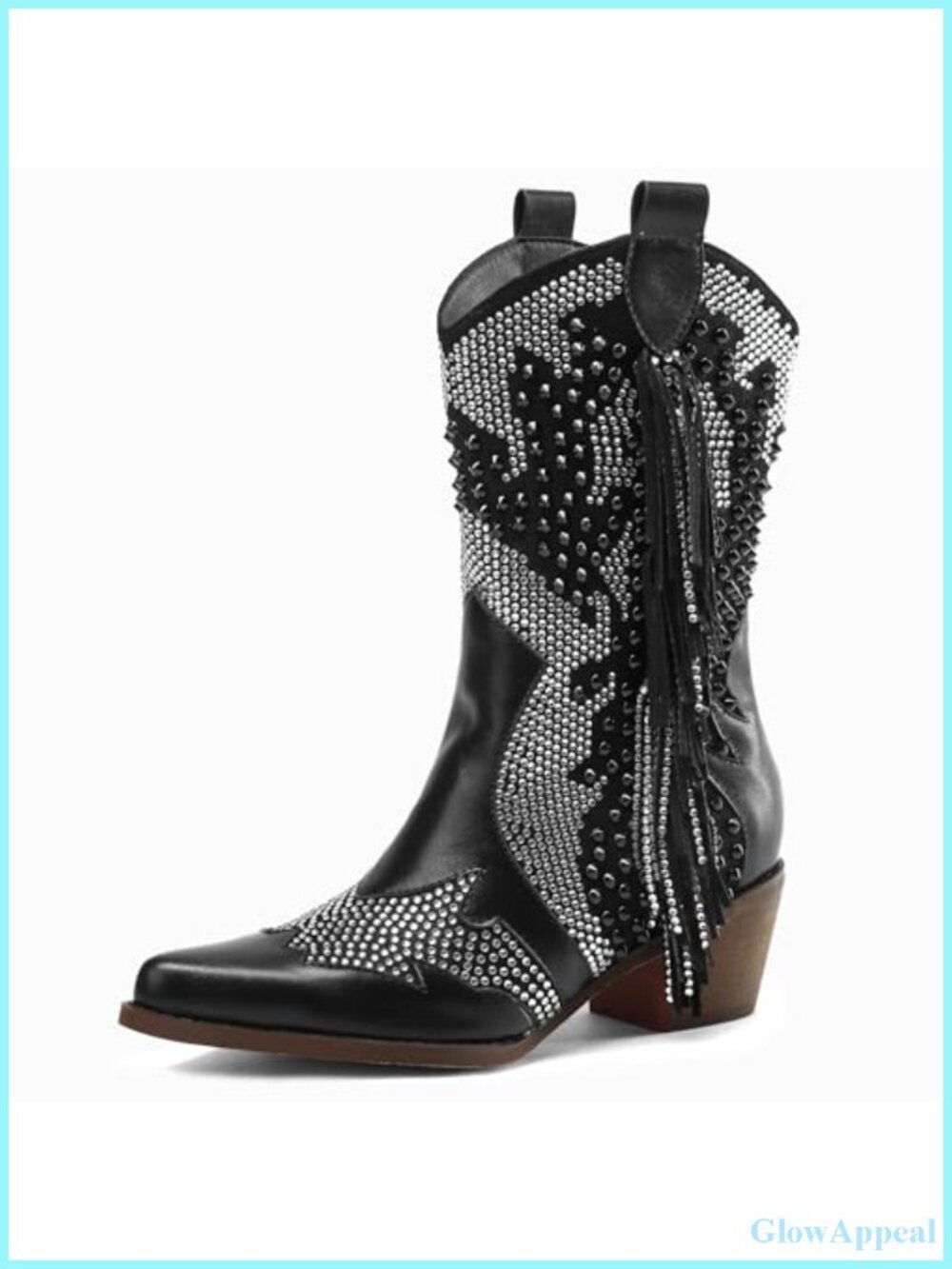 Rhinestone Pointed Toe Western Ankle Boots Tassel Chunky Heel Slip-On